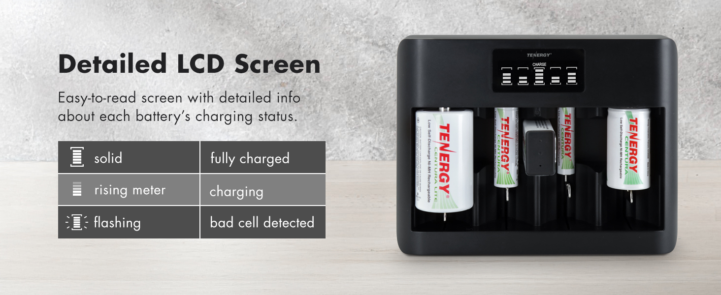 Detailed LCD screen with charging status for each battery