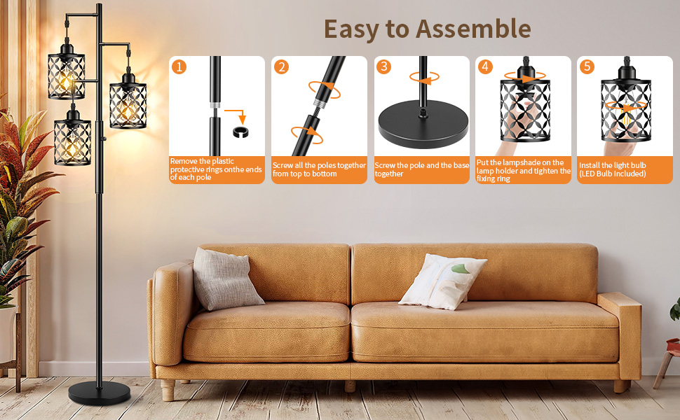 Dimmable Floor Lamp, Farmhouse Standing Lamp with Elegant Metal Cage