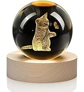 YU FENG 3D Carved Cat Crystal Ball with Warm White Light Base 2.36 Inch