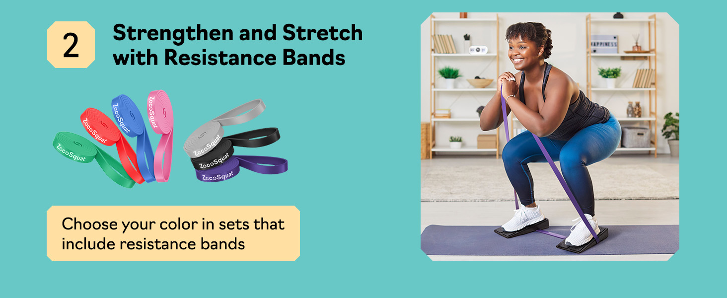 Woman training with resistance bands on slant board calf stretcher and squat wedge block at home