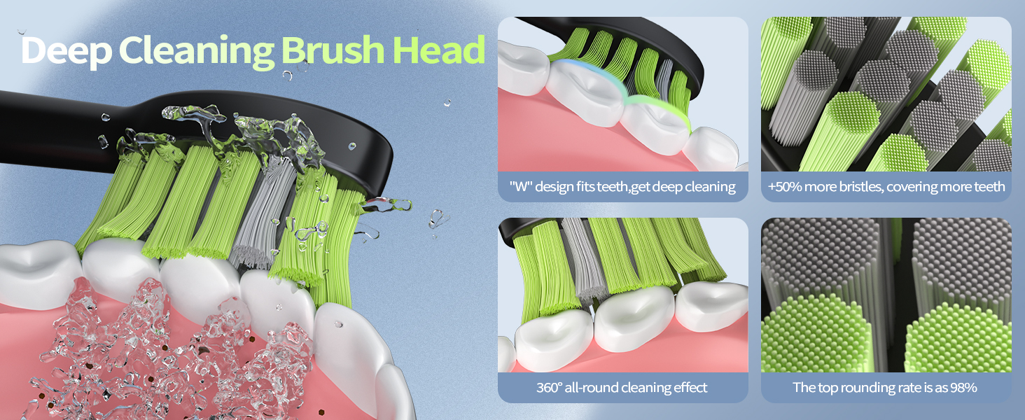 Text reads 'Deep Cleaning Brush Head'. Multiple images of green cleaning brushes or tools showing different angles and features.