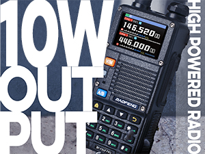 BF-F8HP PRO radio with 10W VHF/UHF and 5W 1.25M power for flexible and extended range communication.