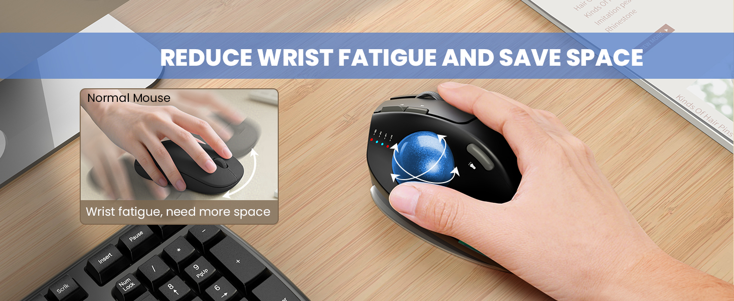 Wireless Trackball Mouse, Ergonomic Bluetooth Rechargeable Computer Mouse-Blue Ball