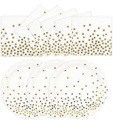 HFBOBP 50PCS White and Gold Paper Plates and Napkins Party Supplies, 7 Inch Scalloped Dot Paper D...