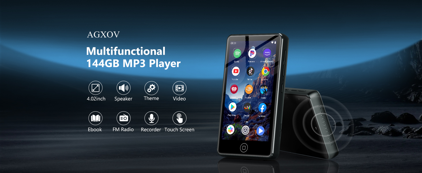 Text reads 'Multifunctional MP3 MP4 Player' with interface display showing media player menu icons and device mockup against dark blue background.