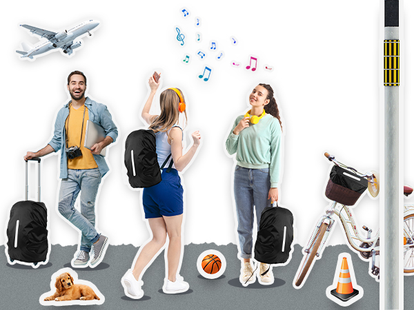 Collage of travel-related stickers showing travelers with luggage, musical notes, and various transportation icons including airplane and bicycle.