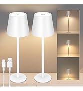 White Cordless Table Lamp Set of 2 - 8-20 Inches Adjustable Height, 5000mAh Rechargeable Battery ...