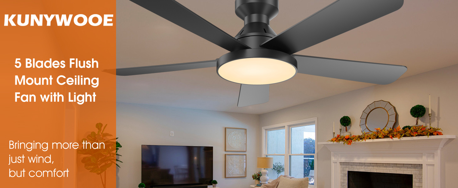 46“ ceiling fans with lights and remote, flush mount, black, modern,