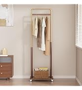 Taitiy Clothes Rack Solid Wood Coat Rack, Metal and Solid Wood Combination Clothing Rack with Whe...