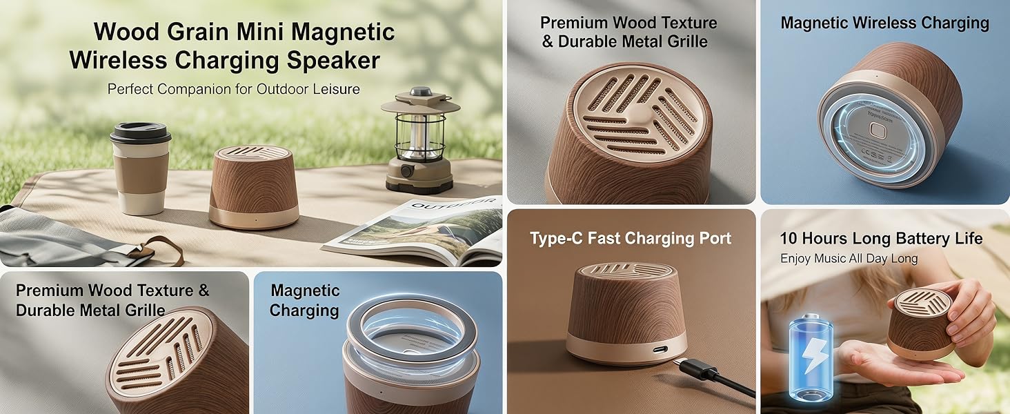 Wood Grain Mini Magnetic Wireless Charging Speaker