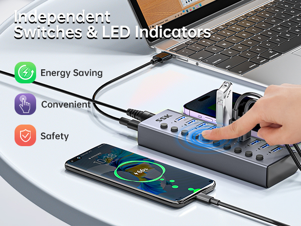usb 3.0 powered hub with independent switches and led indicators