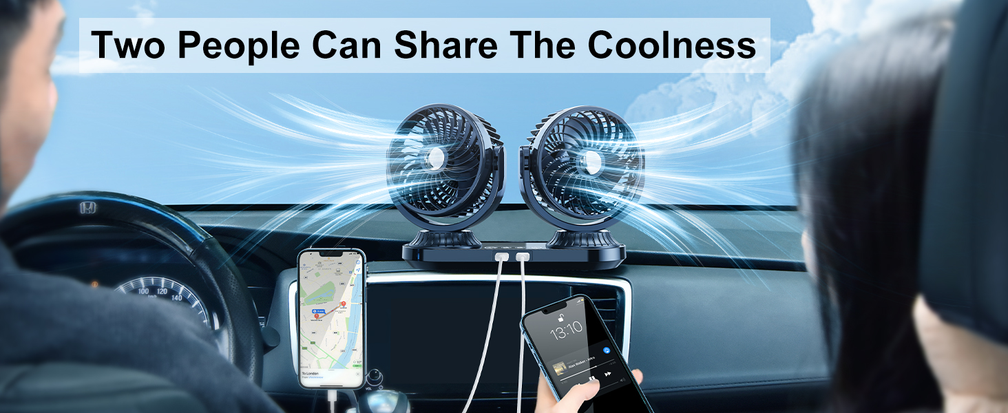DICMKY Dual Head Auto Oscillating Car Cooling Fan for Dashboard