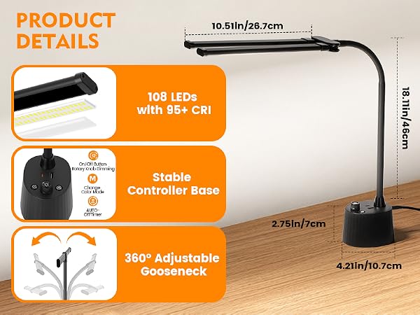 Desk Lamp with USB A+C Charging Ports Reading Light Desk Lamp for Home Office Table Lamp