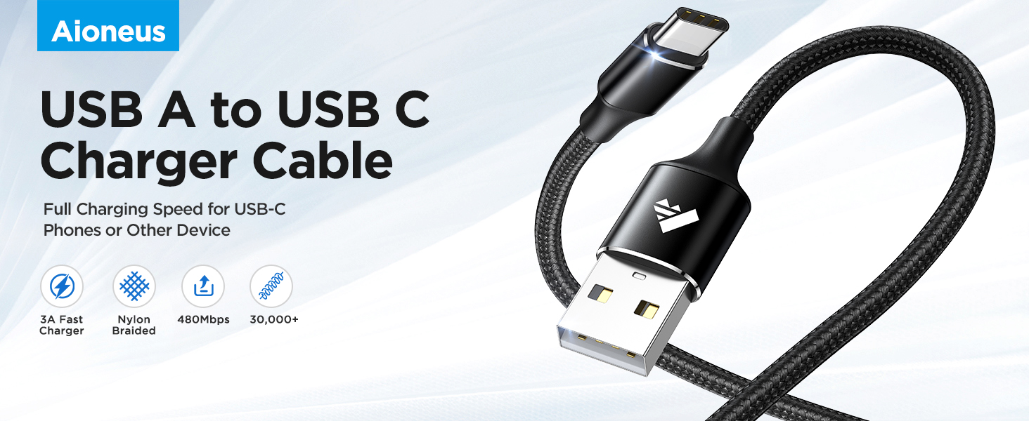 USB-A to USB-C charger cable with braided black cord. Features fast charging, durability, and compatibility with USB-C devices. Aioneus brand visible on packaging.