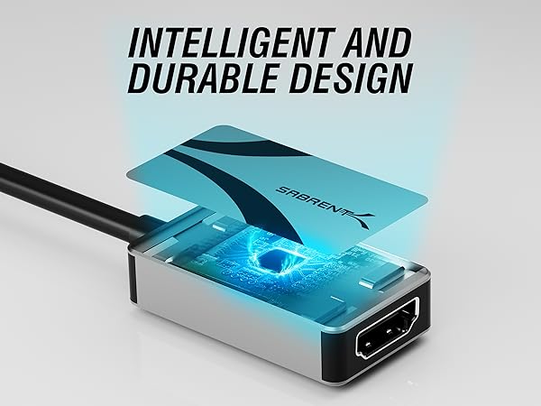 Text reads 'INTELLIGENT AND DURABLE DESIGN'. Multiple views of a sleek tech device with illuminated blue LED display, showing aluminum casing and USB-C port interface.