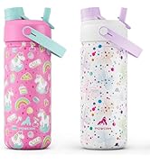 POWCAN 2 Pack 18 oz Kids Insulated Water Bottle for School: Leakproof, 2-in-1 Straw Spout Lid, BP...