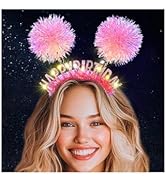 Aceorna Light Up Pink Headbands LED Happy Birthday Crown Hairbands Glowing Pom Pom Hair Accessori...
