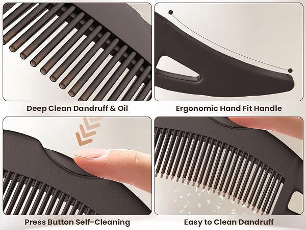 Close-up of self-cleaning dandruff comb with deep-clean teeth, ergonomic handle, press-button clean.