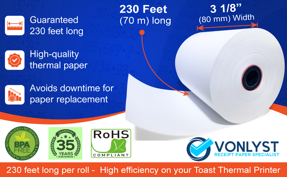 Vonlyst Thermal Paper Roll for Toast Product Specs