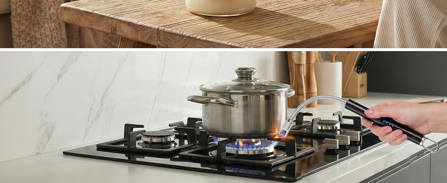 Rechargeable candle lighter with long flexible gooseneck lighting a gas stovetop burner