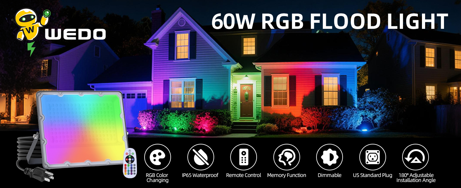 60W RGB flood light with remote control, color-changing outdoor house lighting