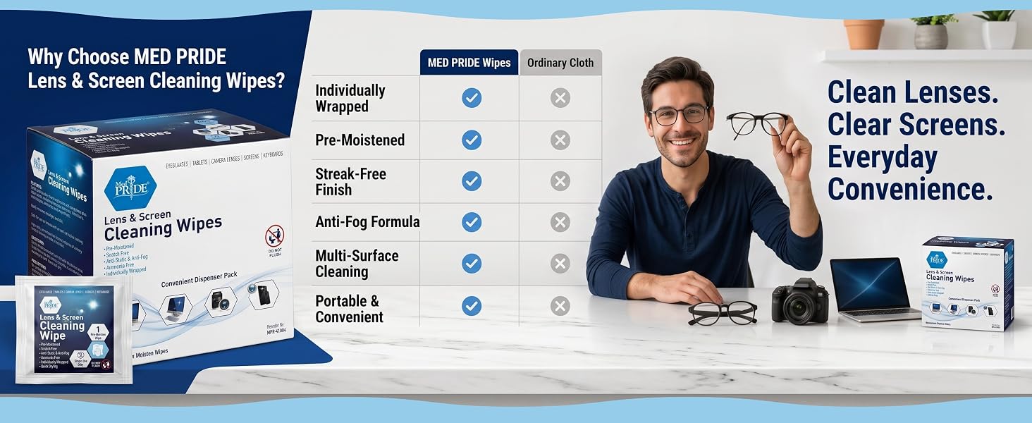 Lens and Screen Cleaning Wipes for Eyeglasses, Touch Screens, Cameras, Anti-Fog,