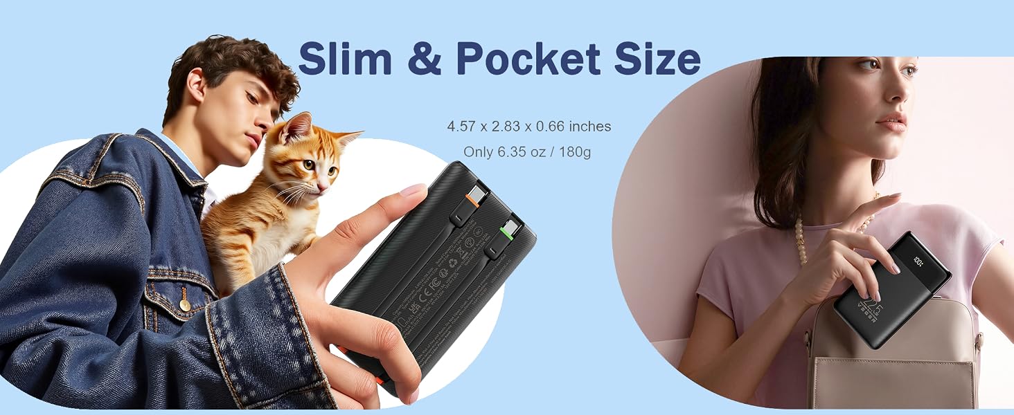 Slim Portable Charger, Pocket Size, Weighing 6.35 oz/180g, measuring 4.57 x 2.83 x 0.66 inches.