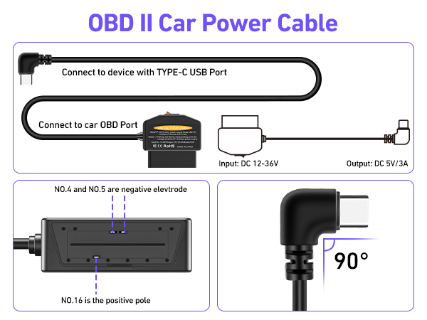 obd power cable for dash camera type c