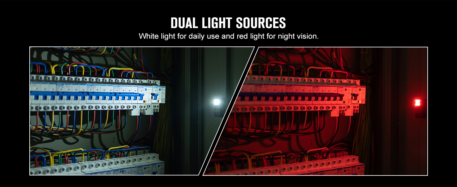 Two light sources:white light for daily use and red light for night vision