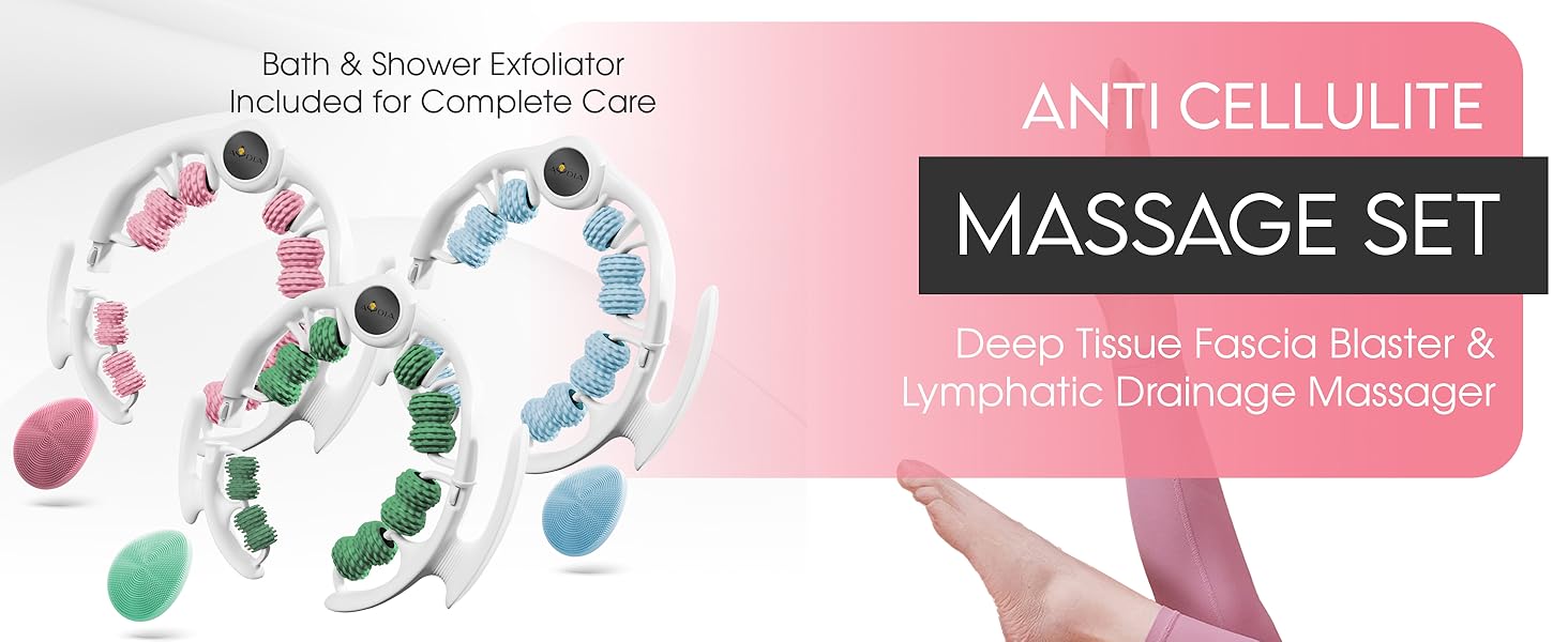 Anti cellulite massage set for lymphatic drainage massager in blue green pink