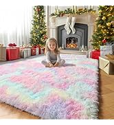 Pink Rainbow Fluffy Kids Rugs for Girls Bedroom, Unicorn Room Decor, Colorful Pastel Shag Area Ru...