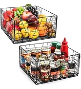 TOPZEA 2 Pack Black Metal Food Storage Basket for Pantry Organization, Foldable Wire Cabinet Orga...