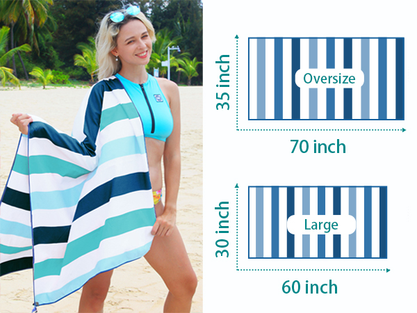 Text reads '35 inch' and '70 inch' for top towel, '30 inch' and '60 inch' for bottom towel. Woman wearing blue and white striped beach towel outdoors. Two towel size comparison diagrams shown with measurements.
