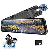 CAMECHO 9.66" Mirror Dash Cam Rear View Mirror Camera Front and Rear 1080P Backup Camera with 64G...
