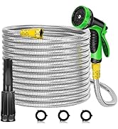 100FT Metal Stainless Steel Garden Hose Heavy Duty WaterHose Kink Free Yard Hose Pipe with 2 Nozz...