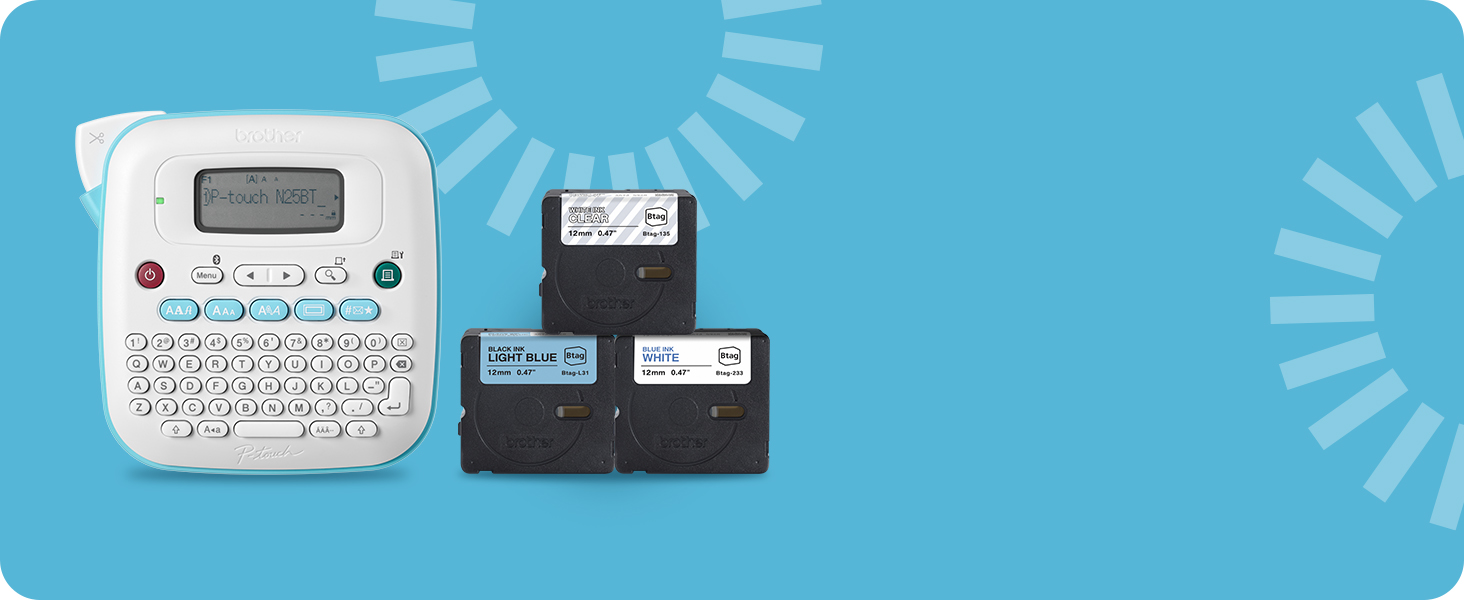 PT-N25BTV3 label maker shown with 3 included P-touch Btag 12mm (0.47-inch) label tape cartridges