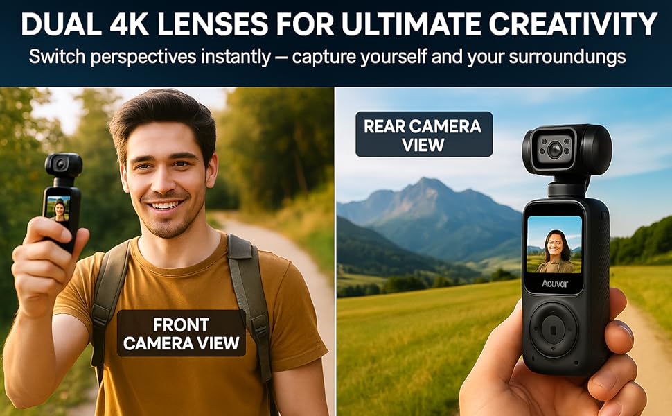 Acuvar 4K Dual Lens Camera switches between front and rear lenses for creative vlogs