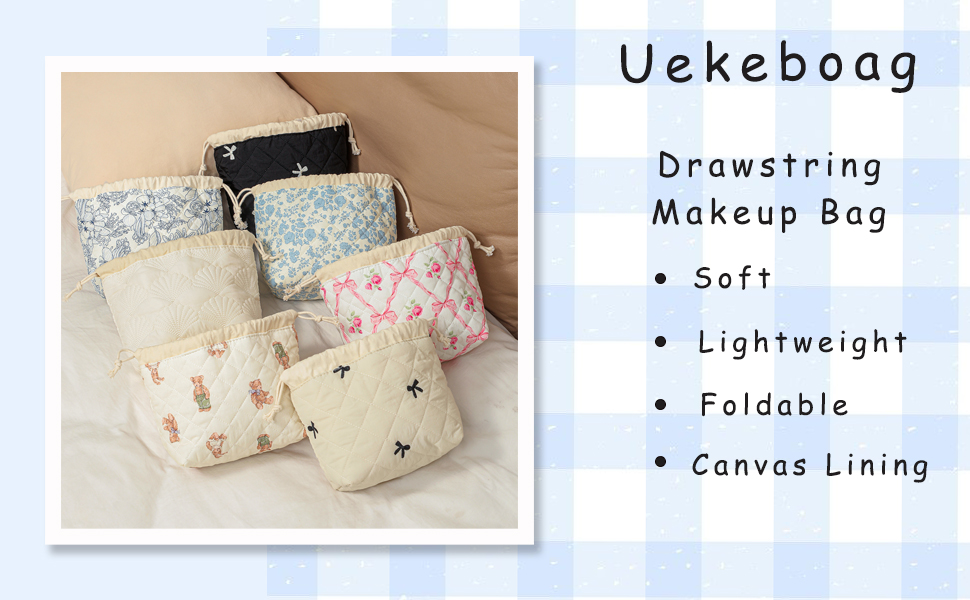Cotton Quilted Drawstring Makeup Bag with Canvas Lining