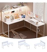 Pamray 60 Inch L Shaped Gaming Desk with LED Lights and Power Outlets Reversible Corner Computer ...