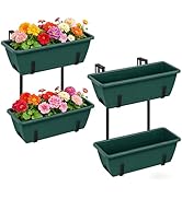 Deck Railing Planter Boxes 2 Tier Green Outdoor Hanging Planters Set of 2 with 4 Pack Flower Boxe...