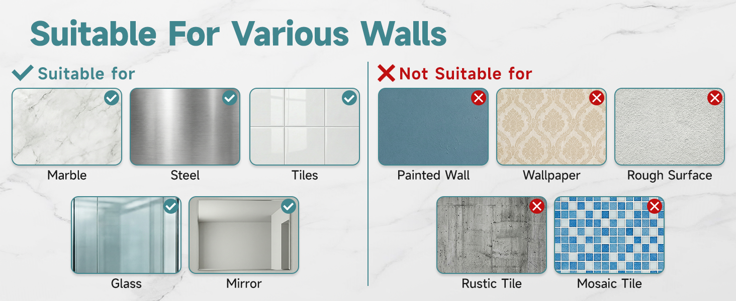 suitable for marble steel tiles glass mirror walls, not suitable for painted wall paper walls