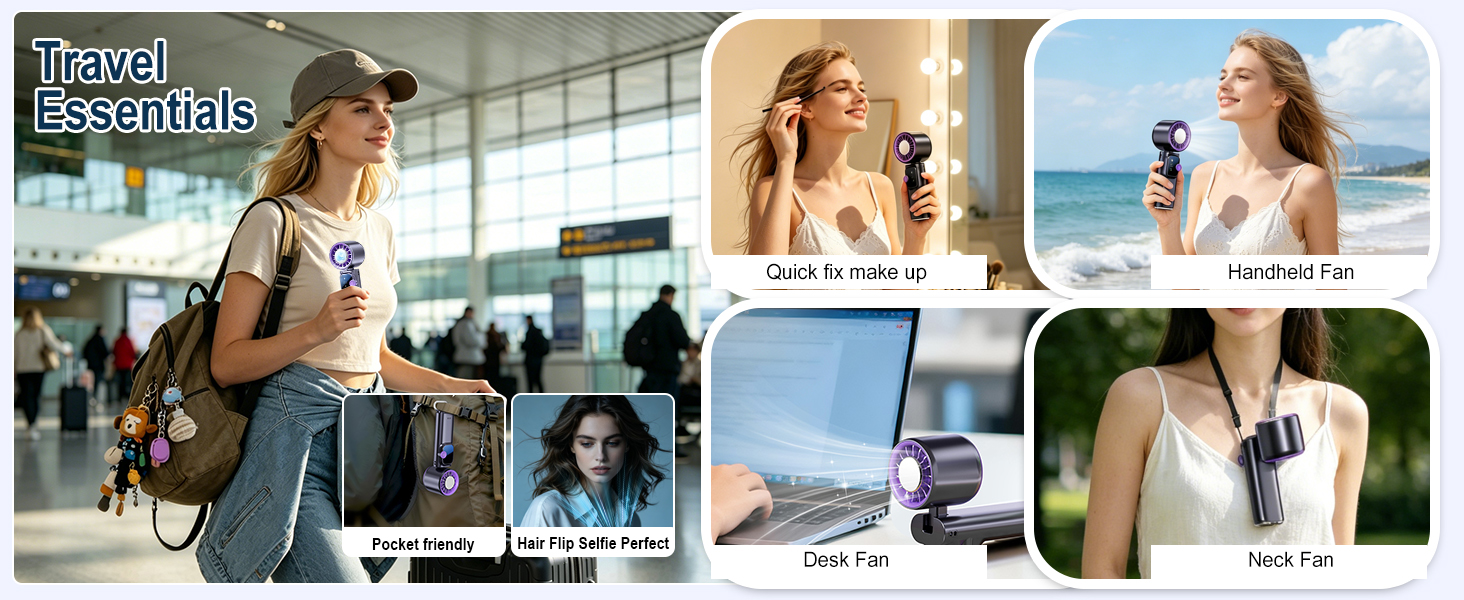 portable neck fan with lanyard, hands free design, easy to carry for commute camping