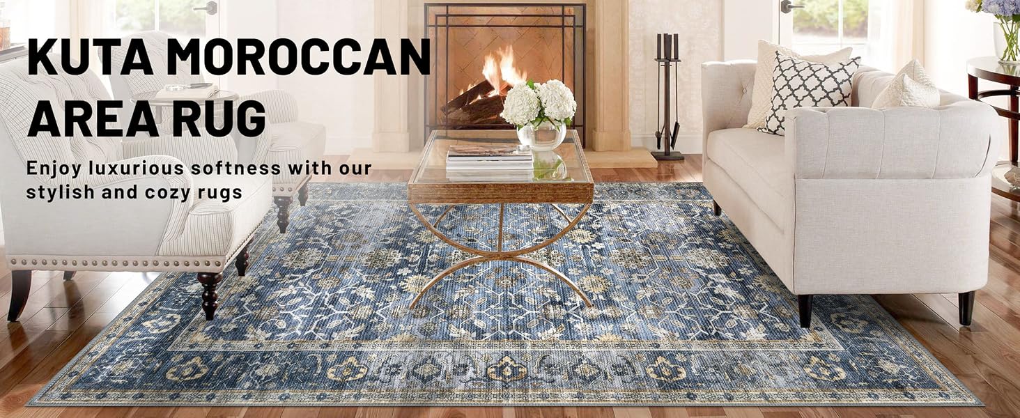 Floral Distressed Print Blue Beige Area Runner Rug