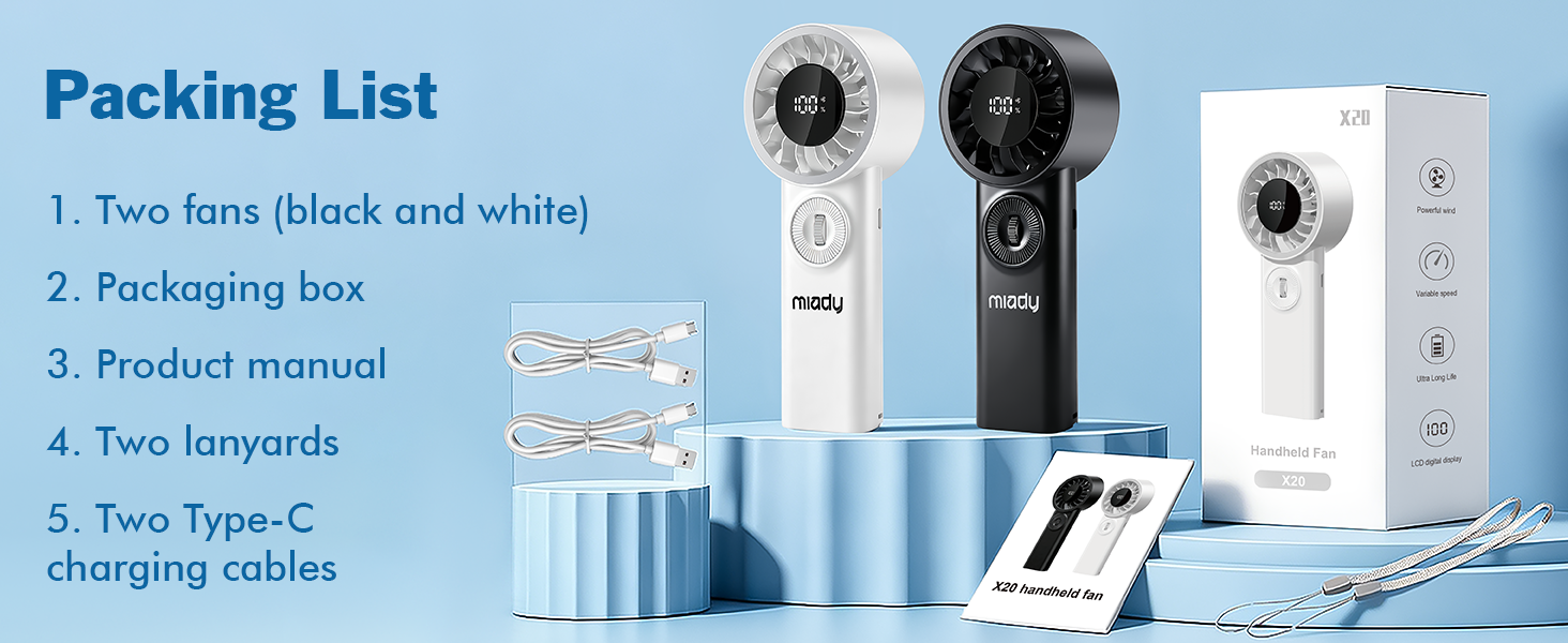 Text reads: 'Packing List' with numbered items including 'Two-tone (black and white),' 'Packaging bag,' 'Product manual,' 'User manual,' and 'Type-C cable.' Portable fan product and accessories displayed with blue boxes.