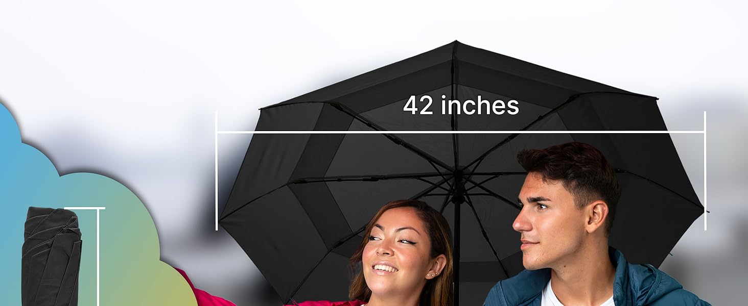 Text: '42 inches'. Large black umbrella with measurement indicator showing its size. Weather protection accessory demonstration.