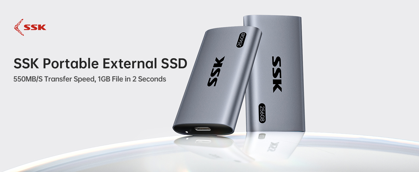 SSK Portable External SSD devices. Two silver cylindrical drives with USB ports. Text indicates 1000MB/s transfer speed and 1TB storage capacity.