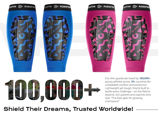 Text reads '100,000+' and 'Shield Their Dreams, Trusted Worldwide!' Four shin guard products displayed in blue and hot pink colorways. Protective sports gear with graphic patterns shown front view.