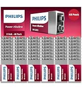 Philips 9 Volt Batteries - Power Alkaline 9V Battery 48 Pack, Long Lasting Power Up to 5 Years in...