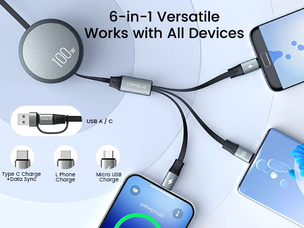 multi retractable usb c cable 6-in-1 Versatile for All Devices type c, L Phone, Micro USB port