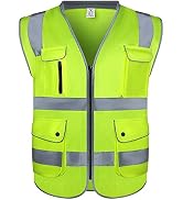 amoolo Safety Vest with 9 Pockets, Zipper and Padded Neck, High Visibility Reflective Vest, ANSI/...
